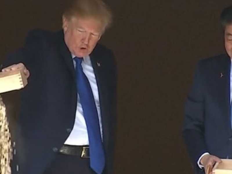 Trump e Abe danno da mangiare a dei pesci durante il viaggio del presidente americano in Asia