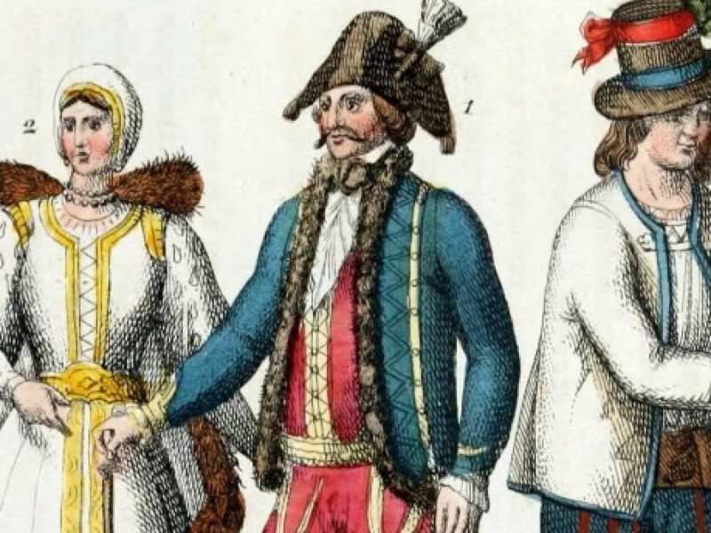 Abiti tradizionali ungheresi (XIX sec): Nobiluomo 2. Dama 3. Pastore di Symeg 6-7. Contadini, illustrazione del 1831 di Luigi Giarr&egrave; e Vincenzo Stanghi (Wikimedia)