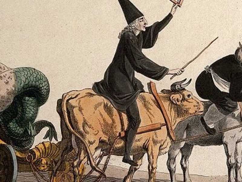 Una processione grottesca spaventa i bambini: satira della paura del pubblico francese di fronte alla vaccinazione. Acquaforte colorata, XIX sec