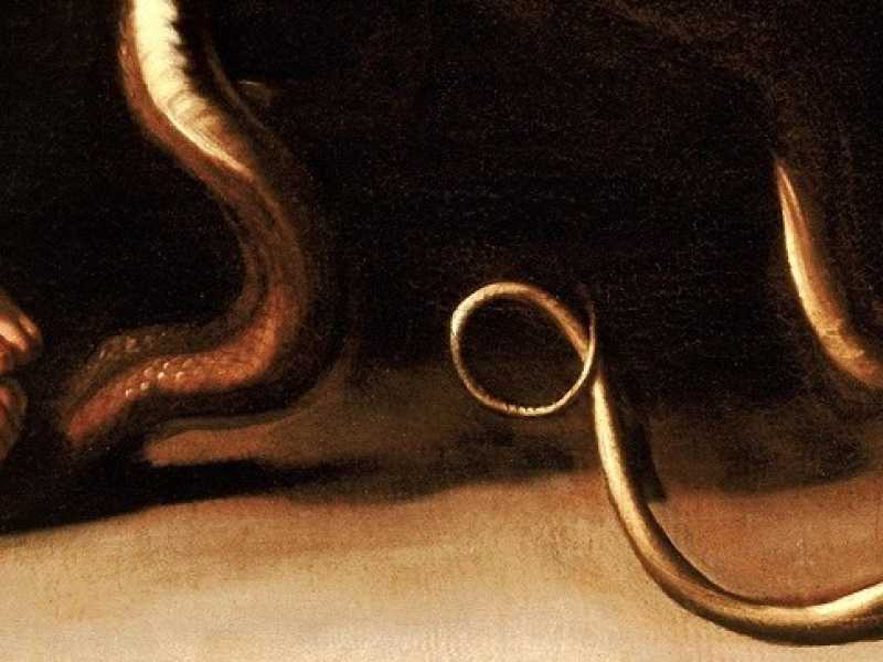 La Madonna dei palafrenieri, Caravaggio, 1606. Particolare del serpente schiacciato