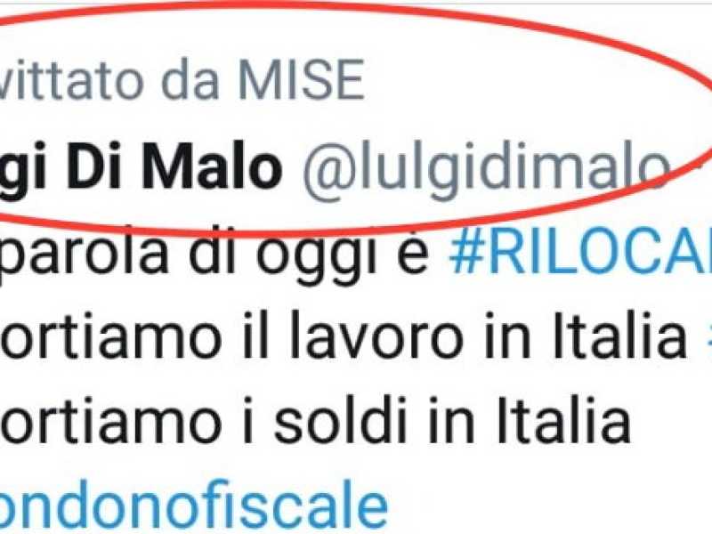 Il tweet falso condiviso dal profilo del Mise (Immagini prese da Twitter)
