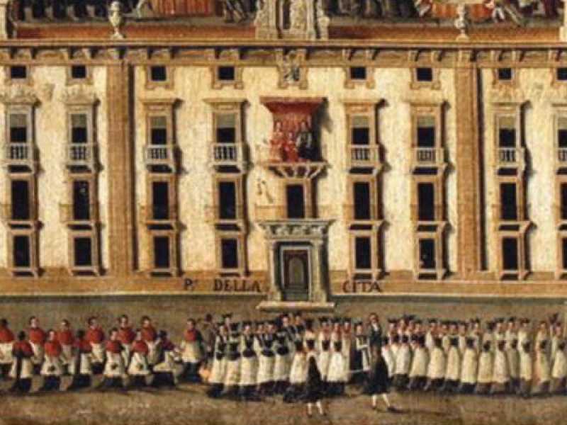 La Fondazione Federico II espone a Palazzo Reale un quadro nel quale un pittore ignoto fiss&ograve; la sontuosa processione dedicata nel 1693 a santa Rosalia che aveva salvato Palermo dal terremoto