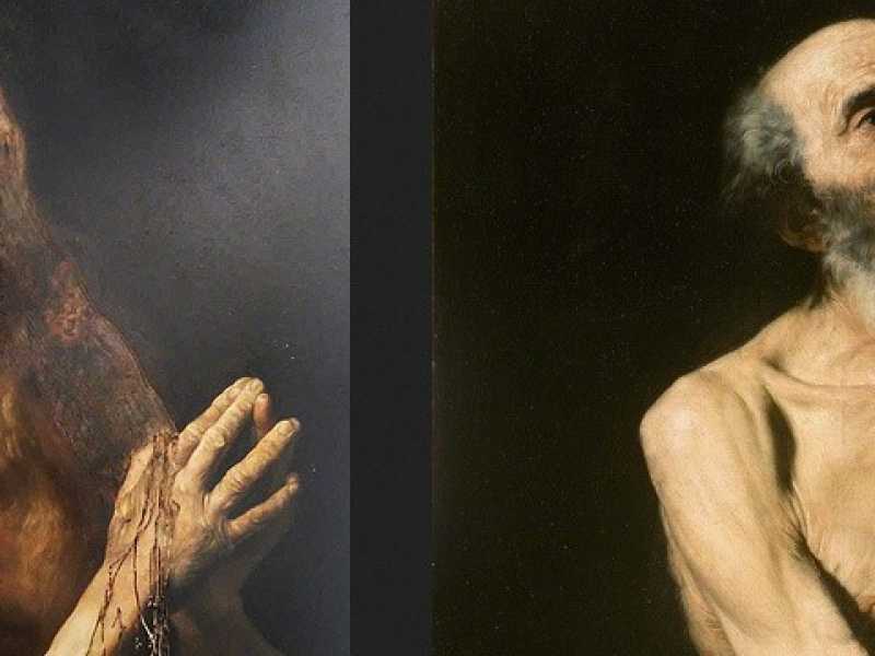 A sinistra, Nicola Samor&igrave;, La caduta dei giganti (2017; olio su rame, 70 x 50 cm). A destra, cerchia di Jos&eacute; de Ribera, San Girolamo (prima met&agrave; del XVII secolo) 