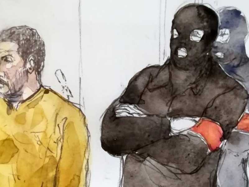 Un'illustrazione del processo a Bruxelles a Mehdi Nemmouche (foto LaPresse)