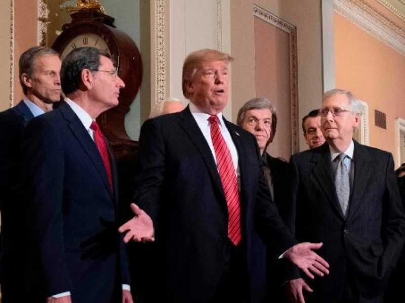 Il presidente degli Stati Uniti Donald Trump, alla sua sinistra, con la cravatta grigia, il leader della maggioranza al Senato Mitch McConnell  (foto LaPresse)
