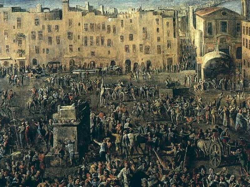 Domenico Gargiulo, &ldquo;Piazza del Mercato durante la rivolta di Masaniello&rdquo;, 1650 circa (Napoli, museo di San Martino) 