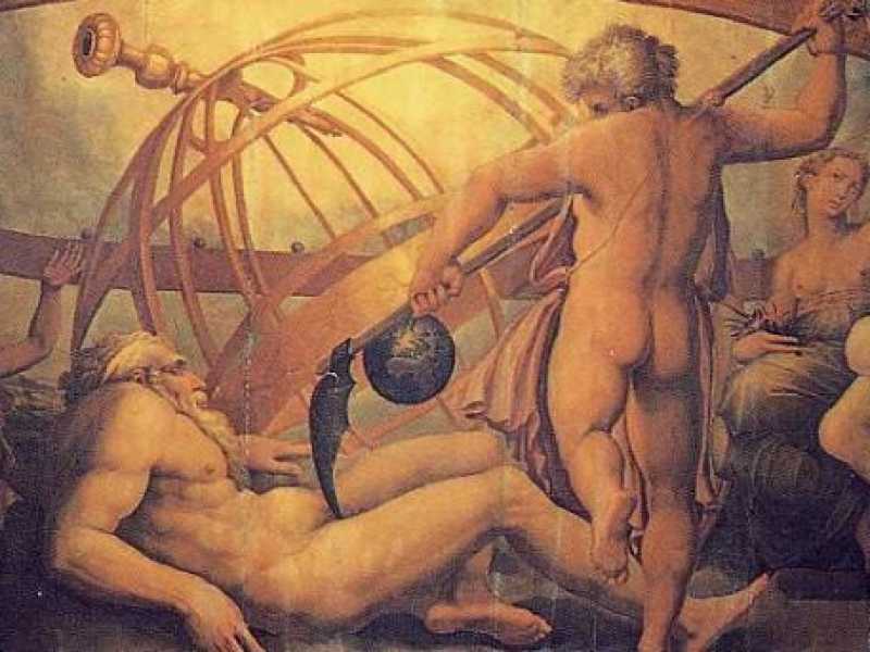 Saturno taglia i genitali al padre Urano, dipinto di Giorgio Vasari (via Wikipedia)