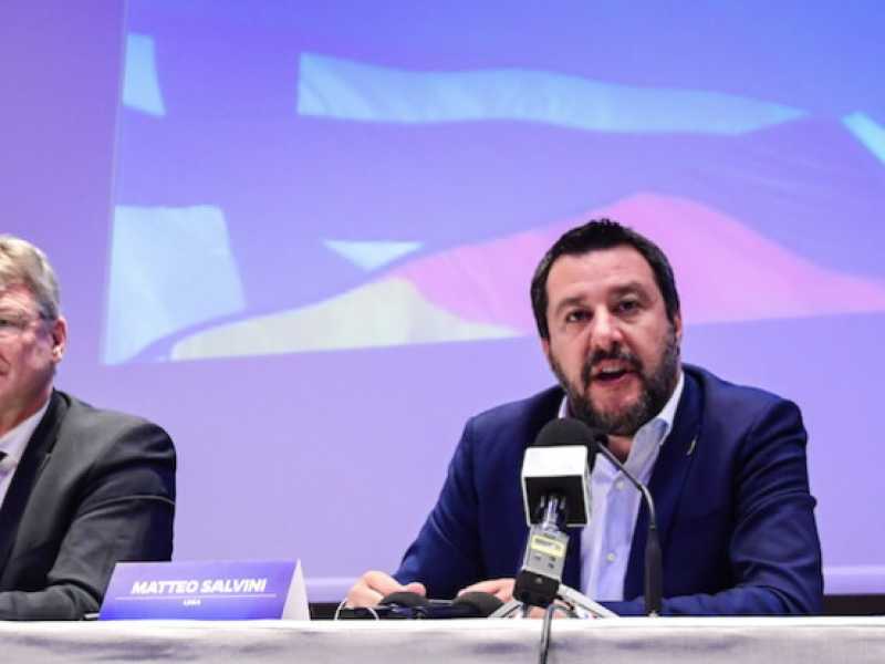 Olly Kotro, Jorg Meuthen, Matteo Salvini e Anders Vistisen (foto LaPresse)