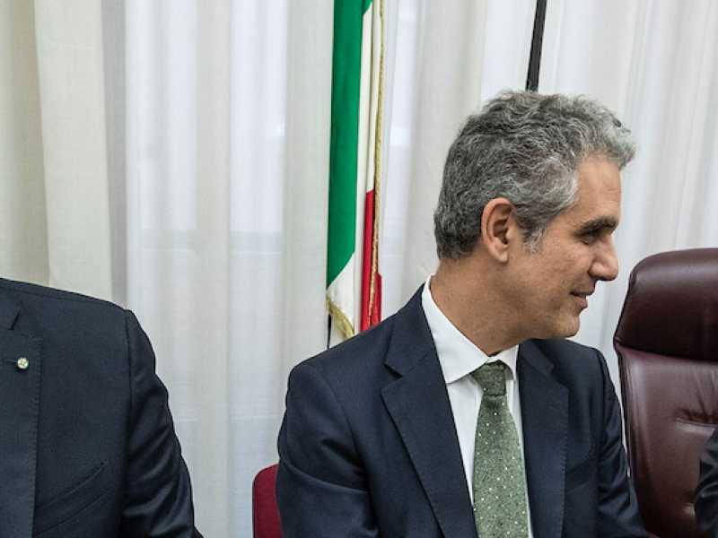 Fabrizio Salini, Marcello Foa, Alberto Barachini durante una riunione della commissione di Vigilanza della Rai (foto LaPresse)