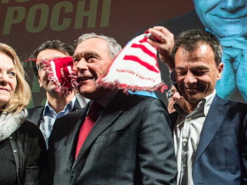 Loredana De Petris, Pietro Grasso e Stefano Fassina a un evento elettorale di Leu (Foto Imagoeconomica)