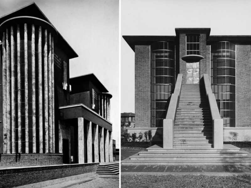 Da sinistra a destra: il palazzo delle Poste a Littoria, Villa Rosa Maltoni Mussolini, il palazzo delle Poste di Latina e la centrale termica e cabina apparati stazione di Firenze