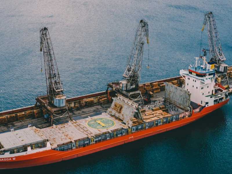 La nave Manassa M durante un'operazione di carico di legname nel porto, scattata il 14 agosto 2019 a Rijeka, in Croazia (LaPresse)