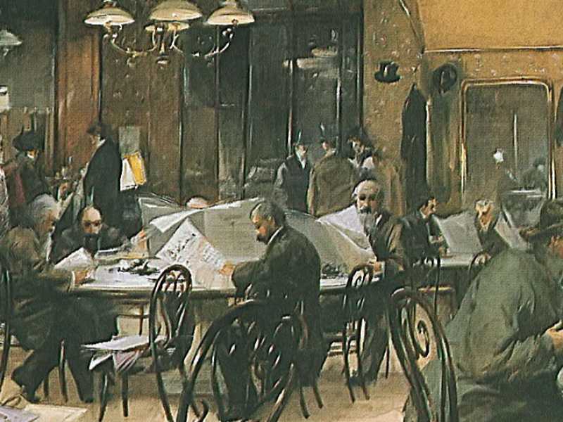 I &ldquo;Kaffeehaus&rdquo;, i caff&egrave; viennesi, sono tra i protagonisti dell&rsquo;Europa raccontata da Figes. Nella foto, &ldquo;Im Caf&eacute; Griensteidl&rdquo;, di Reinhold V&ouml;lkel (1896)