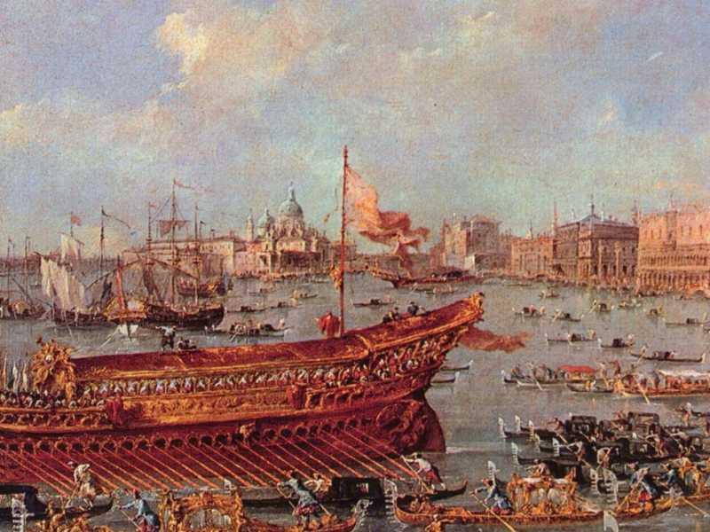 "Il doge sul Bucintoro presso la riva di Sant'Elena" - Francesco Guardi - 1766, olio su tela dimensioni 66 x 100 cm. "Mus&eacute;e du Louvre", Parigi