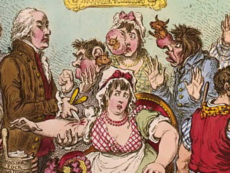 Il vignettista satirico britannico James Gillray fa una caricatura dell'inoculazione del vaccino contro il vaiolo al St Pancras Hospital di Londra - 1802