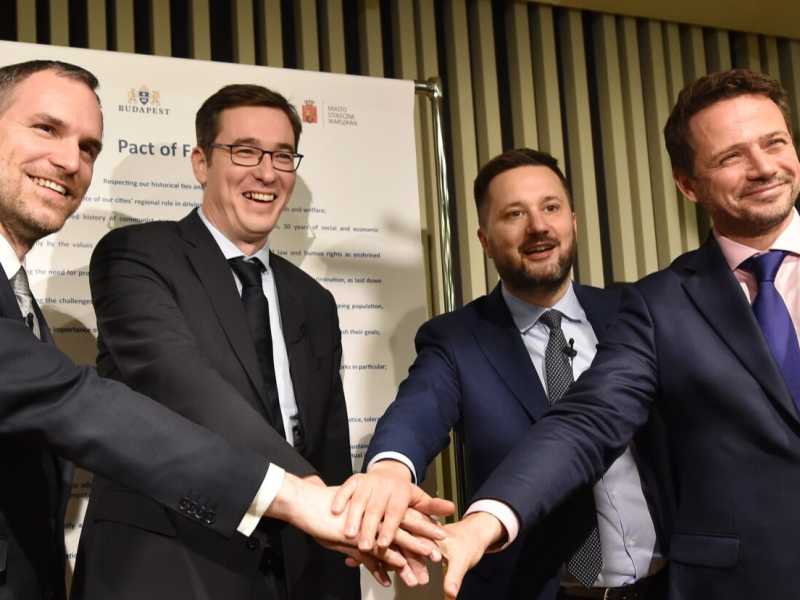 Gergely Karácsony, Rafal Trzaskowski, Zdenek Hrib e Matús Vallo (foto LaPresse)