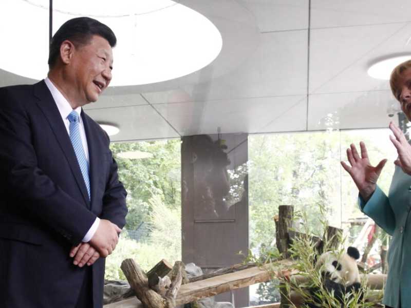 Angela Merkel e Xi Jinping aprono la zona dedicata ai panda allo zoo di Berlino (Michele Tantussi/LaPresse)