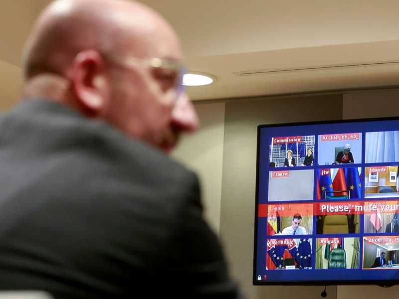 Il presidente del Consiglio europeo, Charles Michel, in collegamento con gli altri leader europei (foto LaPresse)