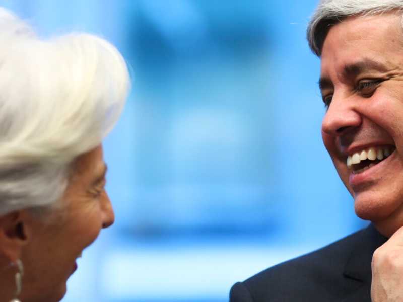 La presidente della Bce, Christine Lagarde, e il presidente dell&rsquo;Eurogruppo, Mario Centeno (LaPresse)