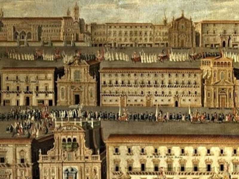 “La Processione di Santa Rosalia” del 1693, realizzato fra il 1706 e il 1707, autore ignoto. Il quadro, proveniente da Siviglia, si trova attualmente alla Fondazione Federico II di Palermo (Wikipedia)
