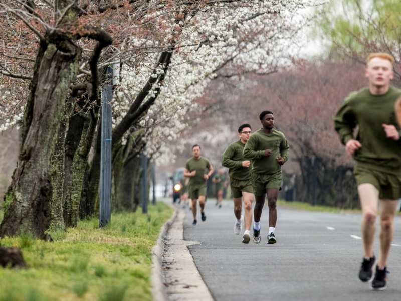 Uomini dei Marines della base Myer-Henderson Hall di Washington si allenano durante il lockdown (foto LaPresse)