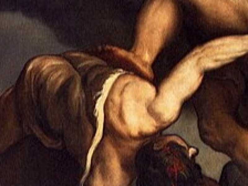 Caino uccide Abele (dett.), dipinto di Tiziano Vecellio, realizzato nel 1543-1545 circa e conservato nella Basilica di Santa Maria della Salute a Venezia