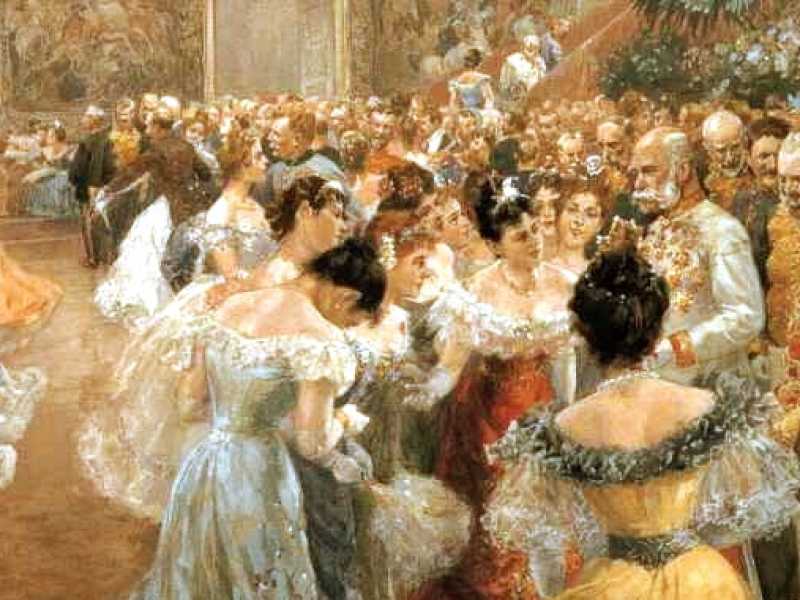 Aristocratici austriaci attorniano l'Imperatore Francesco Giuseppe durante un ballo alla Hofburg, in un dipinto di Wilhelm Gause (1900)