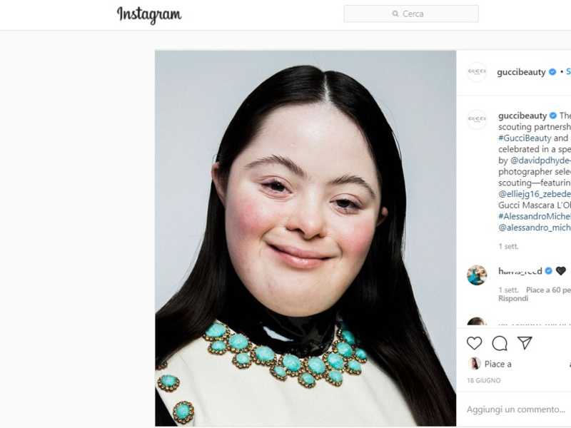 L'immagine di Ellie Goldstein pubblicata su Instagram da Gucci
