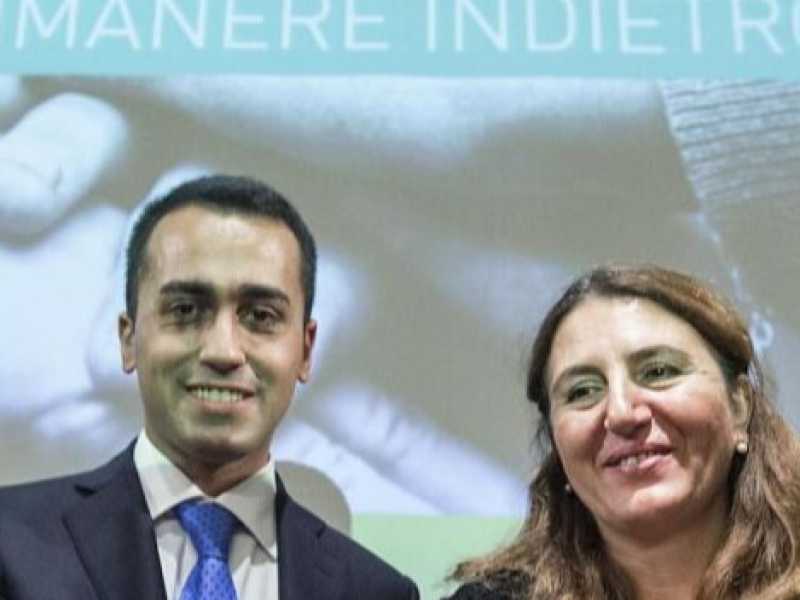 La conferenza stampa dei grillini Alberto Airola, Luigi Di Maio, Nunzia Catalfo, Daniele Pesco alla presentazione del progetto di reddito di cittadinanza, nel dicembre 2014 (foto LaPresse)