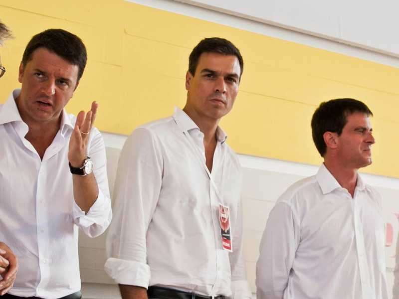 Matteo Renzi, Achim Post, Diederik Samson, Pedro Sanchez e Manuel Valls alla festa dell'Unit&agrave; di Bologna, nel 2014 (foto LaPresse)
