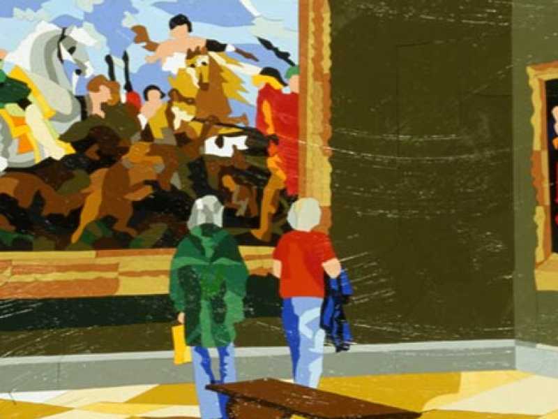 Ugo Nespolo, Classicità, acrilici su legno ritagliato - 60 x 80 2004