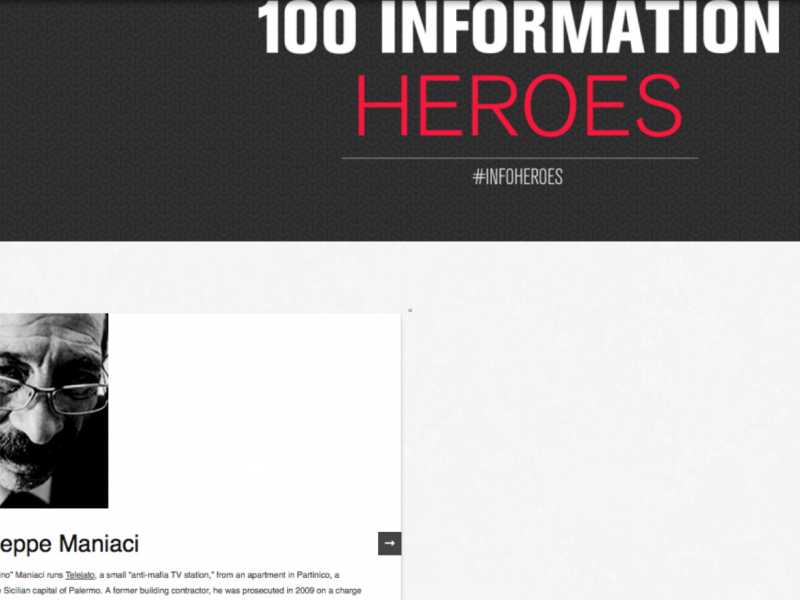 Il profilo di Pino Maniaci quando era ancora inserito nell'elenco dei &ldquo;100 Information heroes&rdquo; di Reporter senza frontiere
