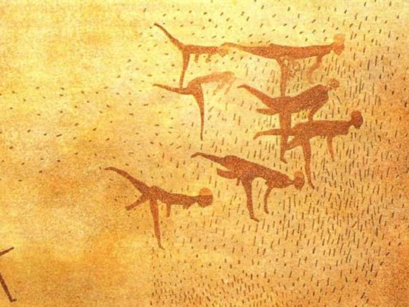 Una raffigurazione parietale risalente al Neolitico che mostra uomini che si dedicano all'agricoltura