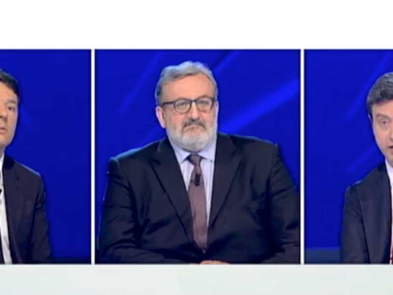 Renzi, Emiliano e Orlando durante il confronto su Sky