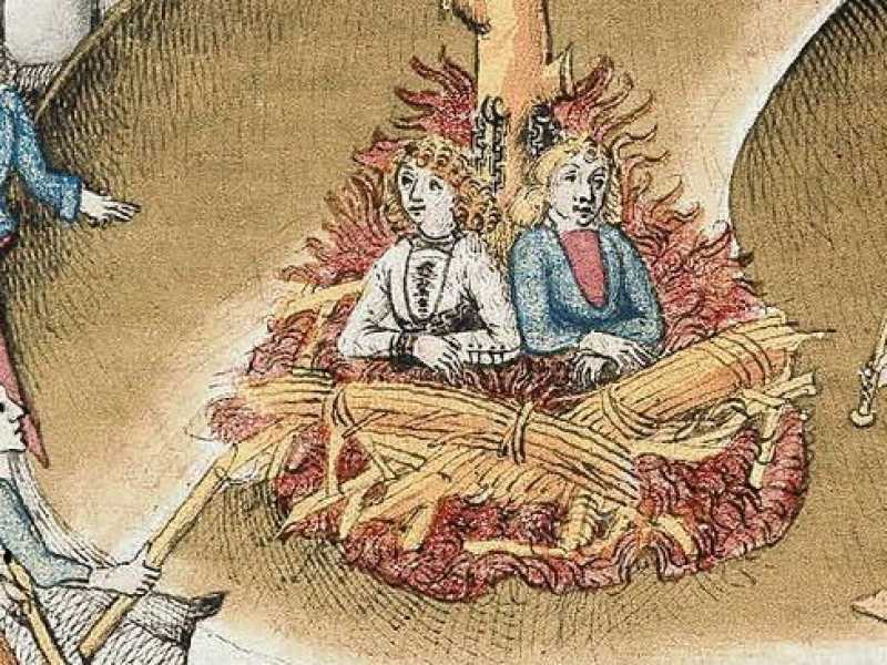 Rogo di due omosessuali , Richard Puller von Hohenburg e Anton M&auml;tzler, fuori Zurigo nel 1482 (Spiezer Schilling)