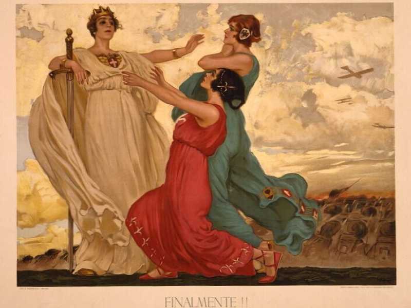 Leopoldo Metlicovitz (1868-1944). "Finalmente!!", poster del 1918 che rappresenta Trento e Trieste inginocchiate all'Italia <br />
