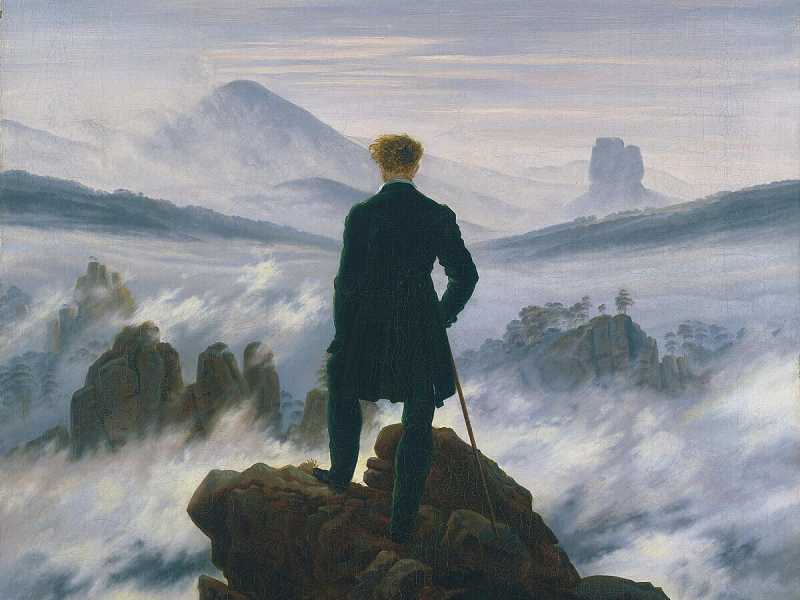 Il Viandante sul mare di nebbia, olio su tela del pittore romantico tedesco Caspar David Friedrich, realizzato nel 1818 e conservato alla Hamburger Kunsthalle&nbsp;<br />