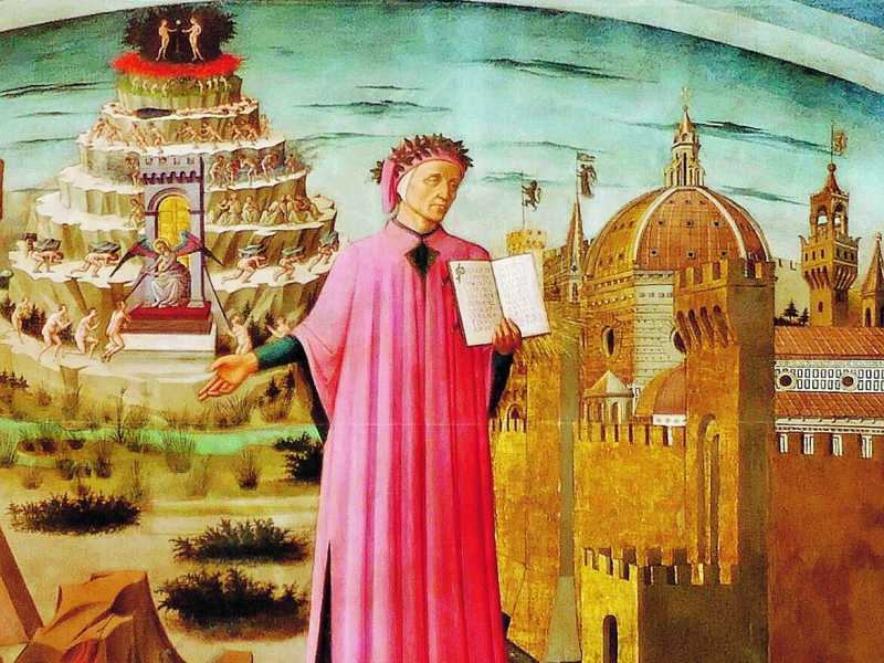  Domenico di Michelino, "Dante e i tre regni", 1465, Firenze, Santa Maria del Fiore (Wikipedia)