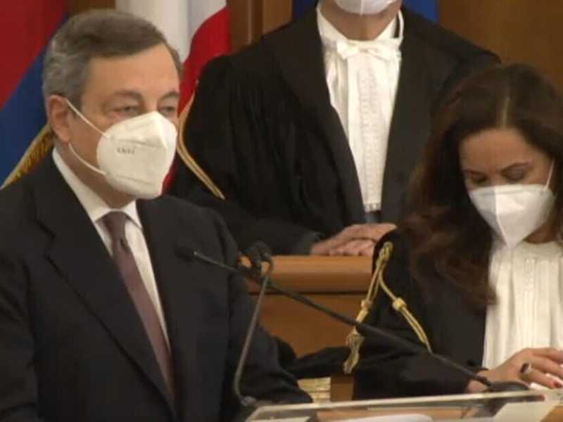 Il premier Mario Draghi alla cerimonia d'inaugurazione dell'anno giudiziario, Roma, 19 febbraio 2021 (foto Ansa/Corte dei Conti) <br />