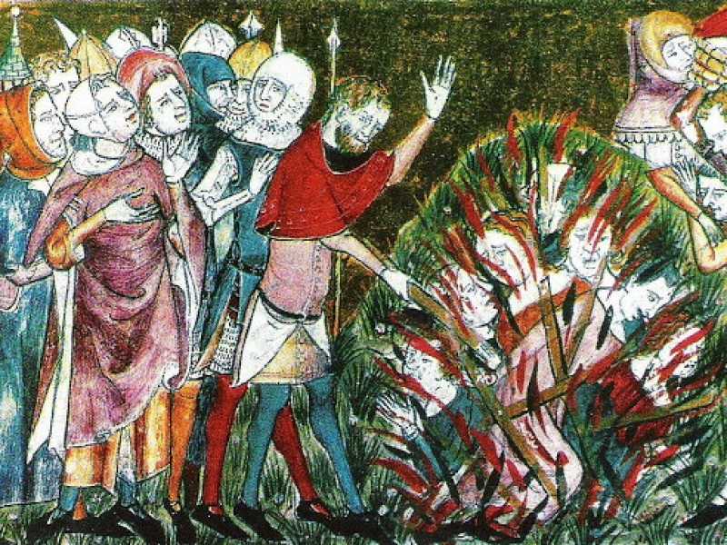 Ebrei al rogo durante la peste nera, illustrazione del XIV secolo&nbsp;<br />