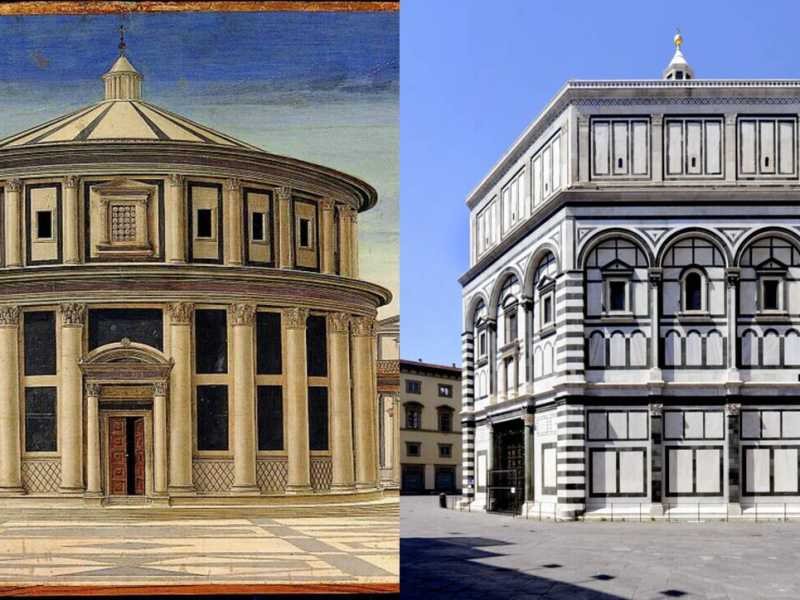 Il Battistero della <em>Città ideale</em> e quello della città reale in lockdown. Mai così vicina al modello, eppure lontana dal vissuto (foto: Wikimedia/LaPresse)