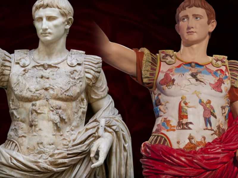 Augusto di Prima Porta, statua in marmo, 19 a.C. circa. Autore sconosciuto; altezza 2,04 m. Roma, Musei Vaticani. A lato, una ricostruzione della statua in colori originari