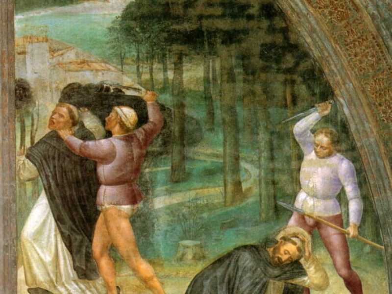 Vincenzo Foppa, cappella Portinari, Martirio di San Pietro da Verona (1462-68), chiesa di Sant’Eustorgio, Milano <br />