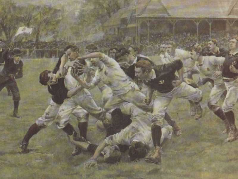 Un'illustrazione della prima partita di rugby della storia (via Wikimedia Commons)
