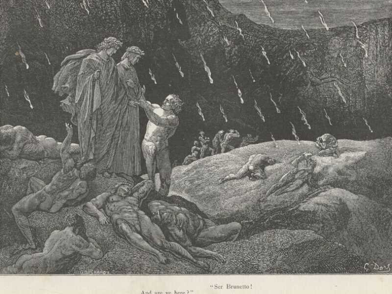 Dante incontra Brunetto Latini nel girone infernale dei sodomiti (illustrazione di Gustave Dor&eacute; da Wikipedia)