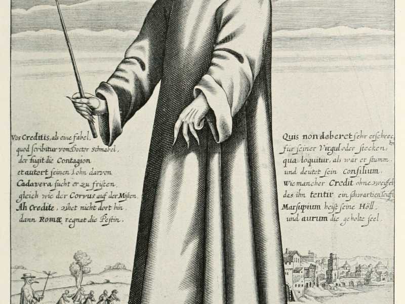 L'abito del medico della peste in un disegno del 1656 (da Wikipedia)