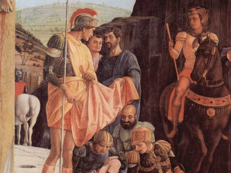 I soldati con la tunica di Ges&ugrave; nel pannello di Mantegna (Wikipedia)&nbsp;