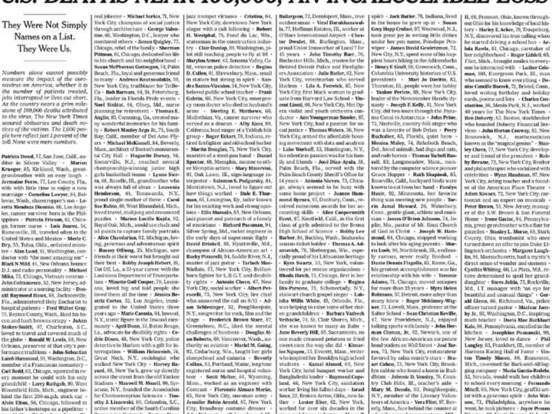 La prima pagina del Nyt del 24 maggio 2020, con i nomi di mille vittime della pandemia (Foto Ansa) <br />