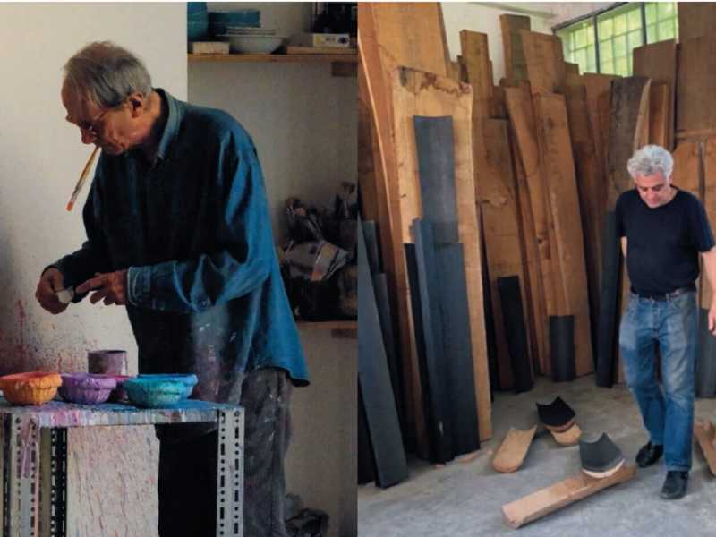 Da sinistra, Giorgio Griffa nel suo studio a Torino. Foto Giulio Caresio. Courtesy Archivio Giorgio Griffa. Nunzio nel suo studio a Torino. Courtesy l&rsquo;artista&nbsp;<br />