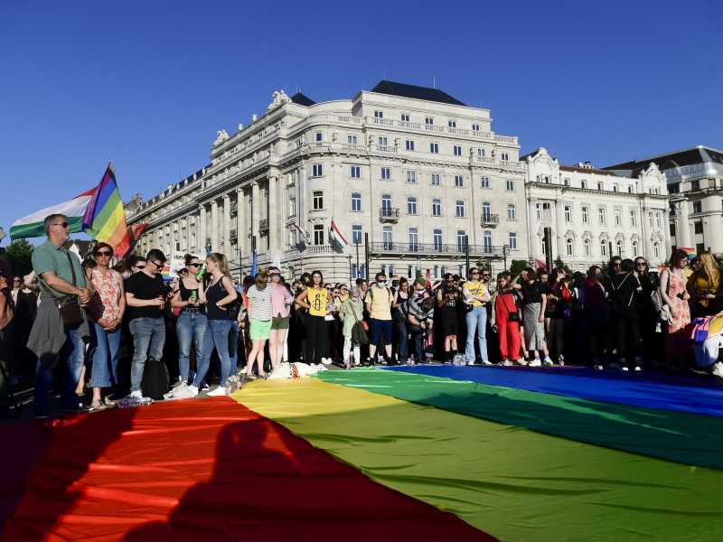 Manifestazione lgbt davanti al Parlamento ungherese il 14 giugno (LaPresse)&nbsp;